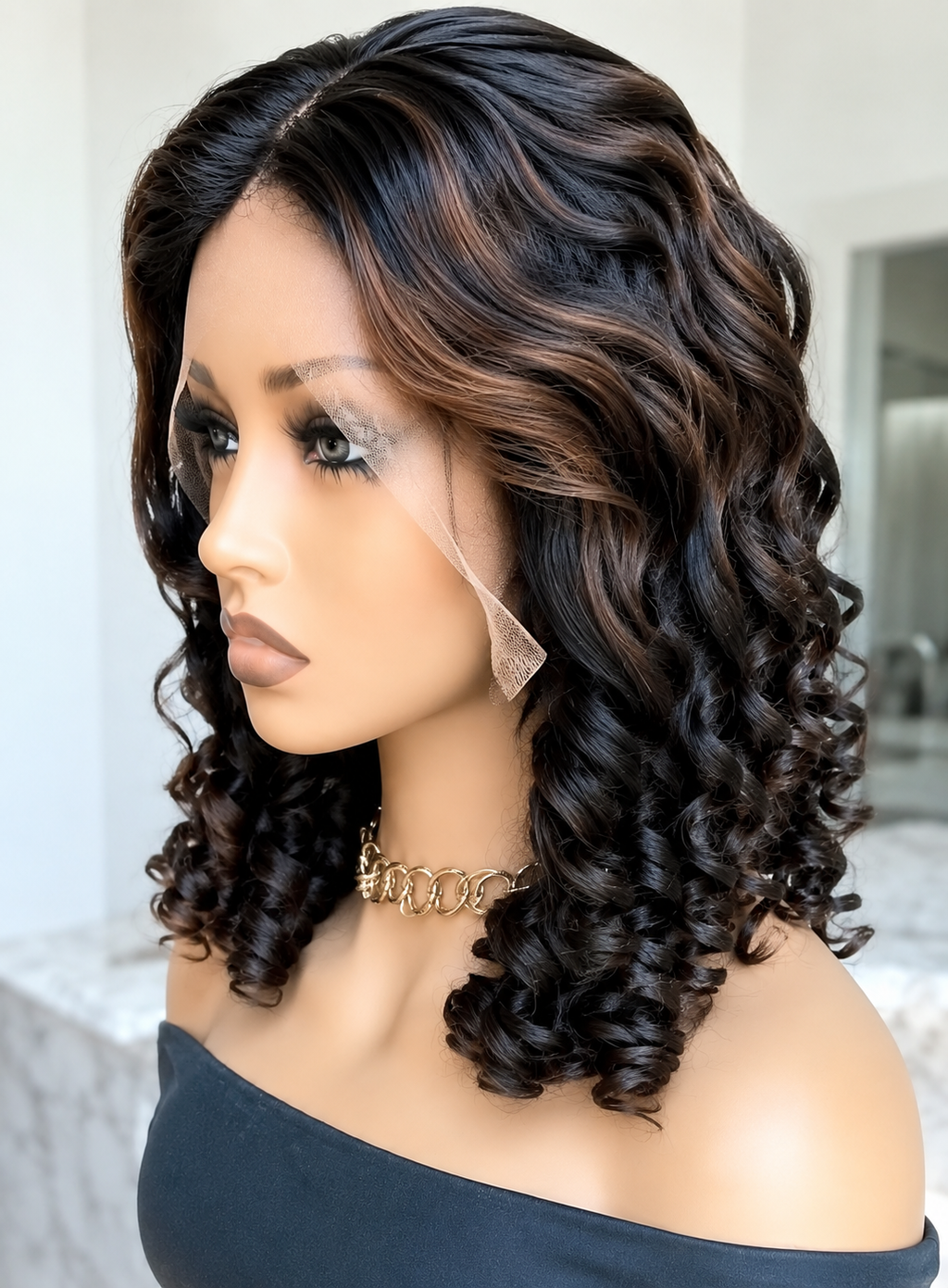 HH007, F1B/30 Highlight Curly Bob Lace Front Wig – 20 Inches | 100% Human Hair