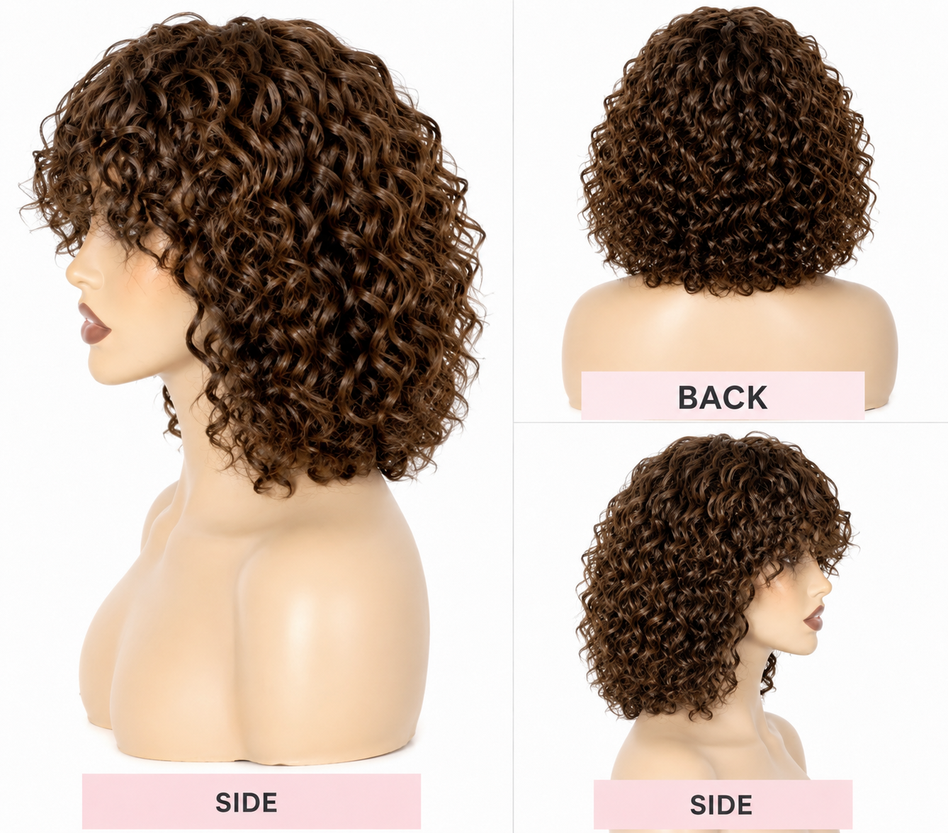 HH038, Color 4 Curly Bob Wig – 12 Inches | 100% Human Hair | Glueless