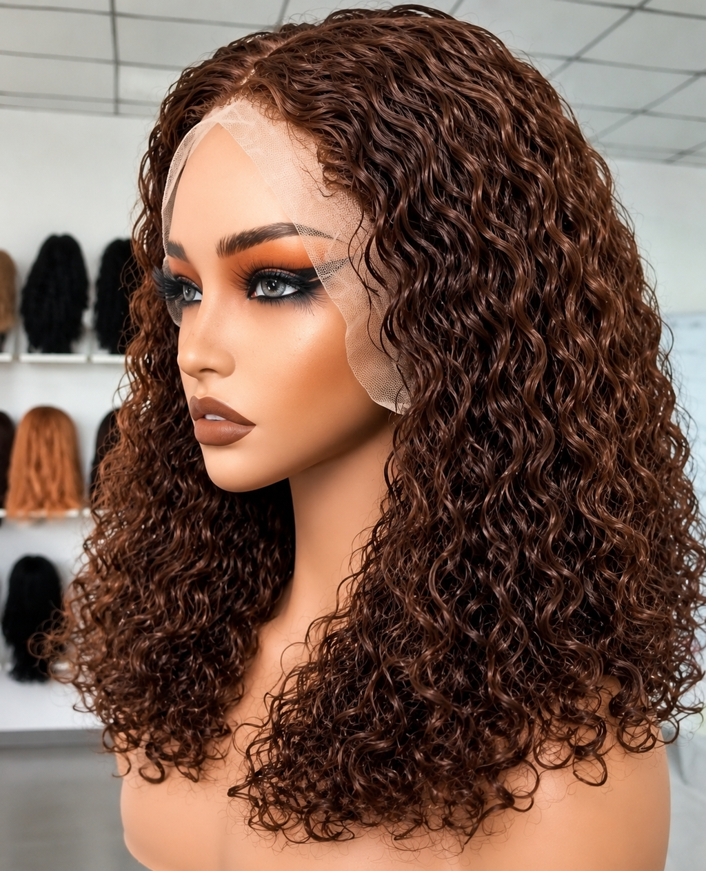 HH004, Color 4 Curly Human Hair Lace Front Wig – 24 Inches