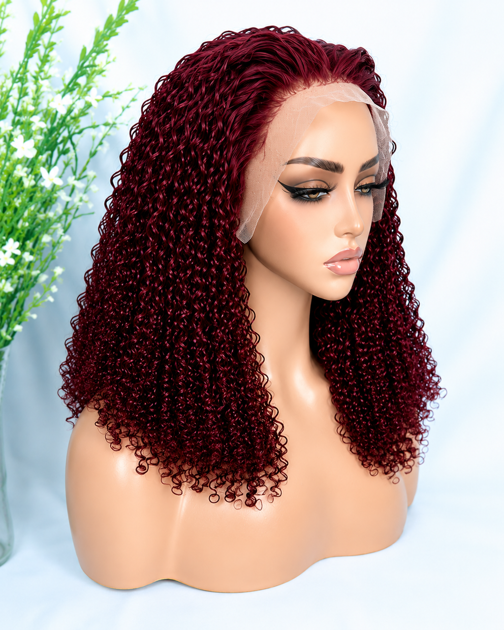 HH029, 99J Burgundy Curly Human Hair Wig – 16 Inches
