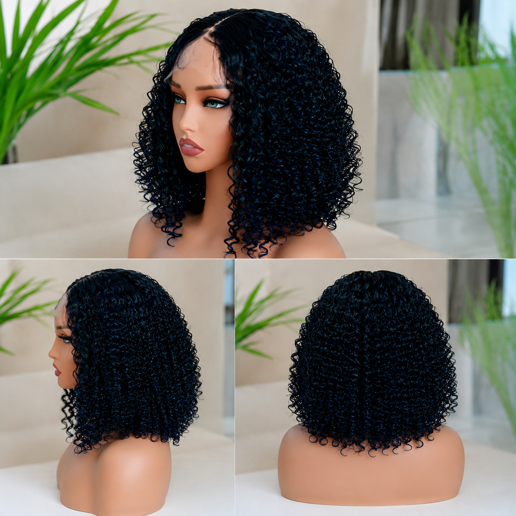 SYN020, F1B/Blue Curly Bob Lace Front Synthetic Wig – 16 Inches