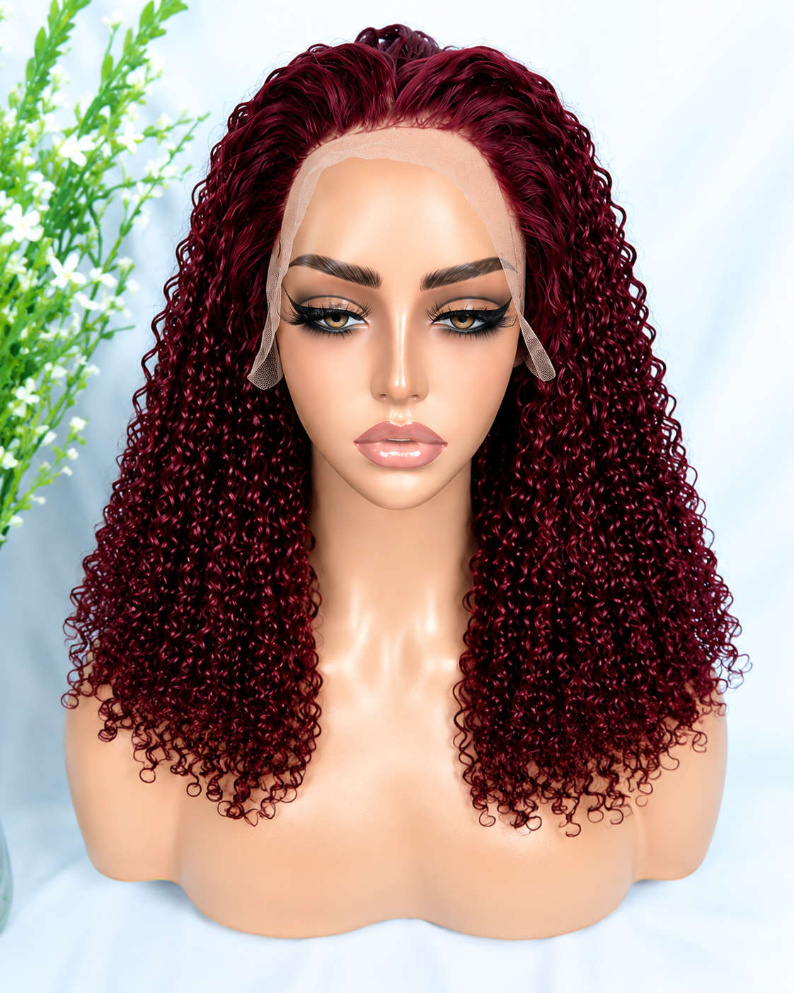 HH029, 99J Burgundy Curly Human Hair Wig – 16 Inches