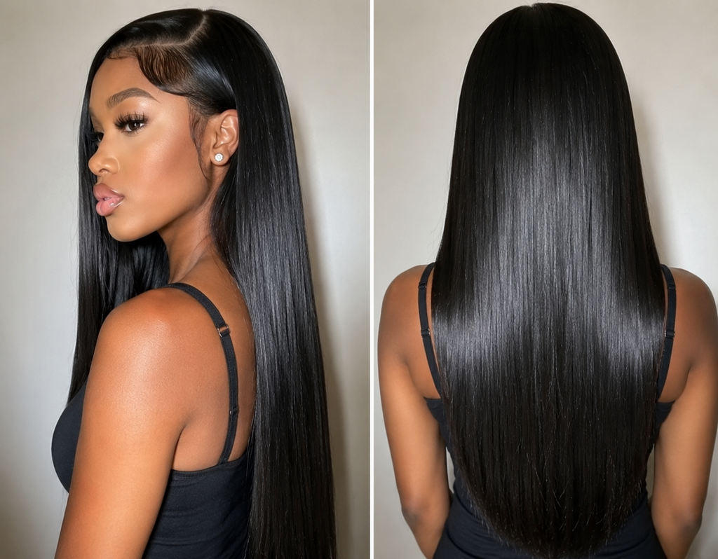 HH027, Natural Color 28-Inch Straight Human Hair Wig