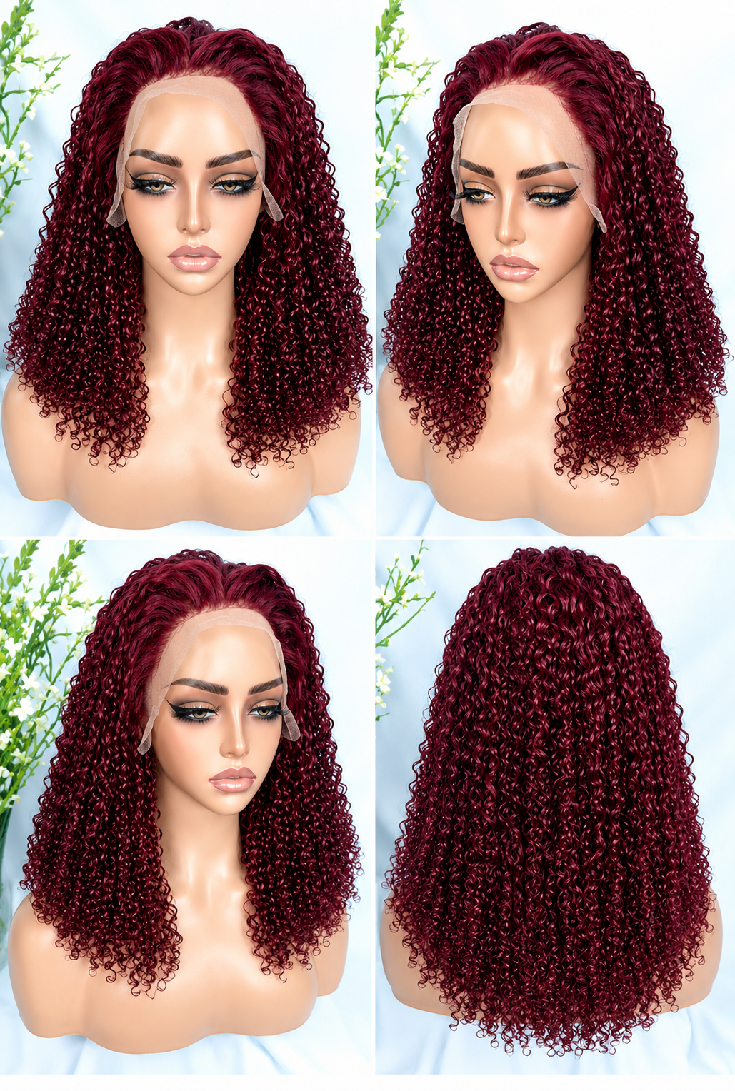 HH029, 99J Burgundy Curly Human Hair Wig – 16 Inches