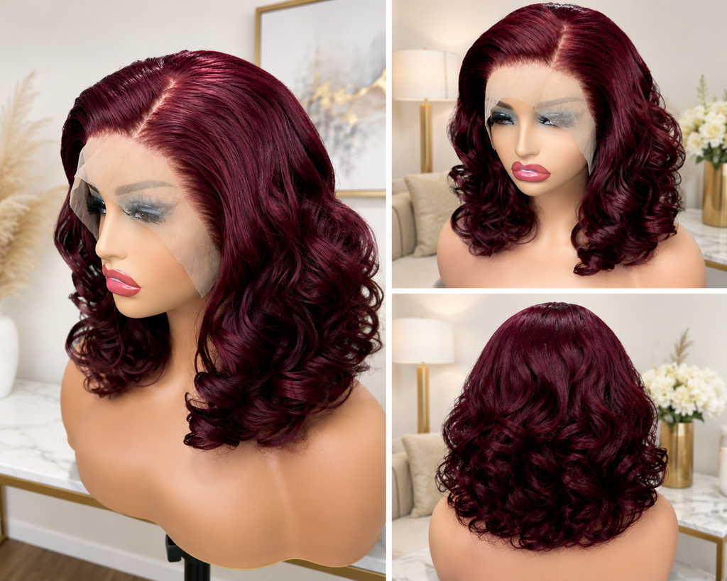 HH013, 99J Burgundy Curly Bob Wig – 16 Inches | 100% Human Hair