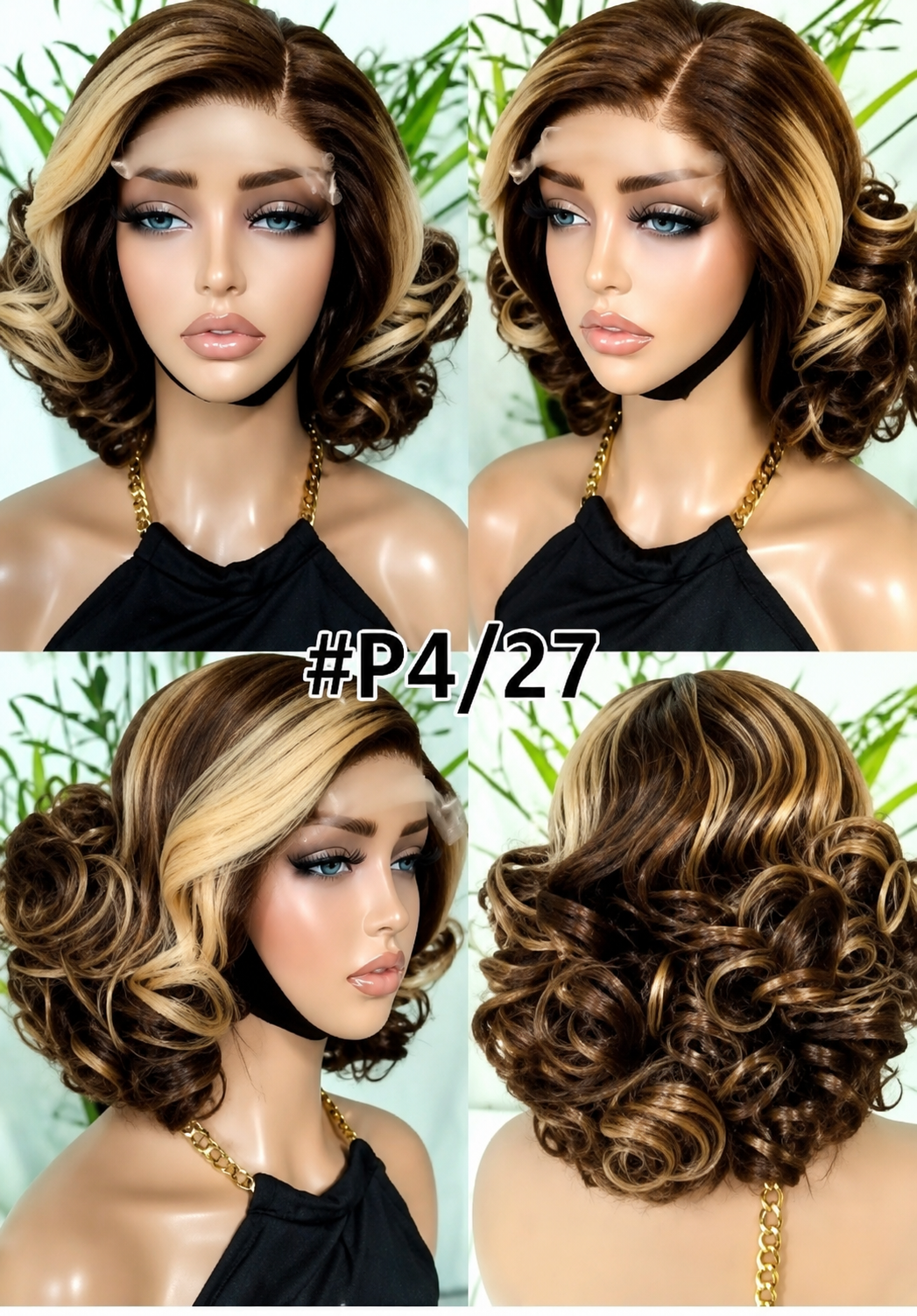 HH019, P4/27 Highlight Curly Bob Wig – 12 Inches | 100% Human Hair Glueless Wig