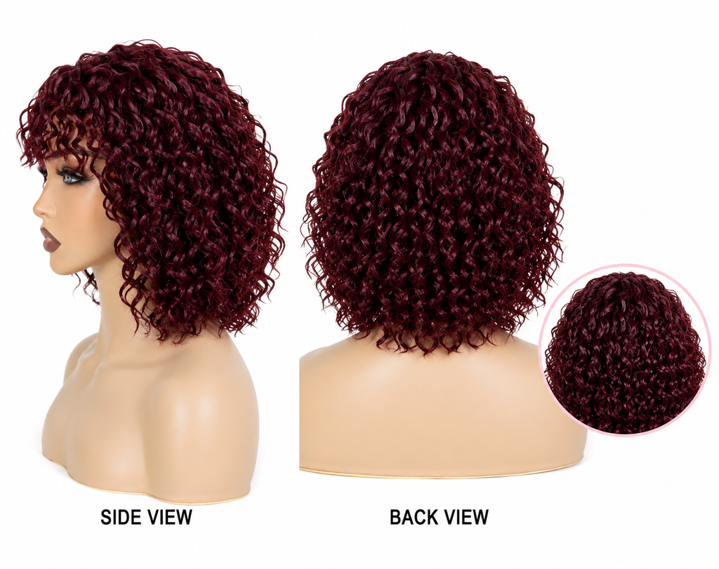 HH040, 99J Burgundy Curly Bob Wig – 12 Inches | 100% Human Hair | Glueless