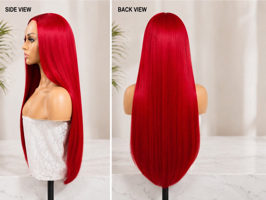 SYN002, 32 Inches R3373 Cherry Red Straight Wig